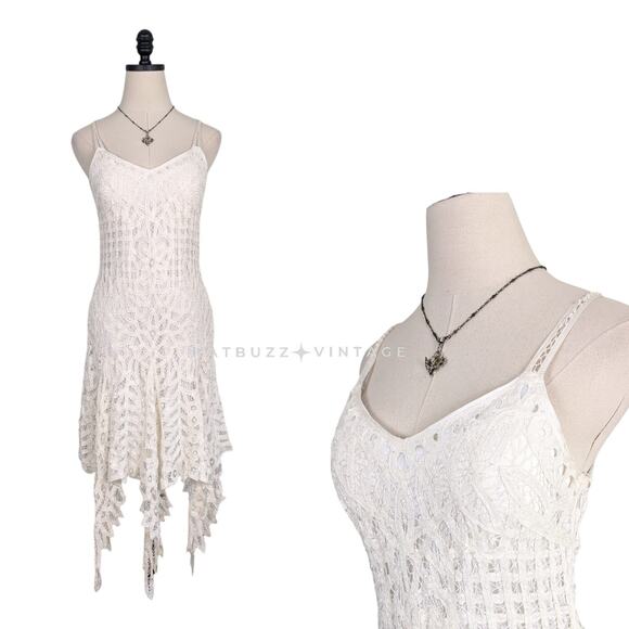 Vintage Midi Dress Wedding Gown Cream S/M Fairy Y2K Embroidered Lace Beach Boho